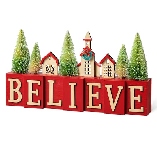 Glitzhome® 14" Christmas Believe House & Brush Trees Table Décor | 14" x 2.5" x 7.5" | Michaels®